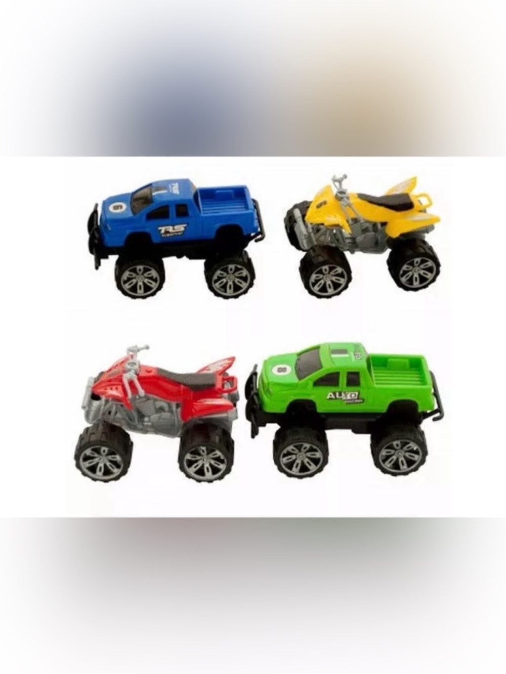 4 Assorted Kids Monster Trucks and ATVs - Blue, Yellow, Red, Green